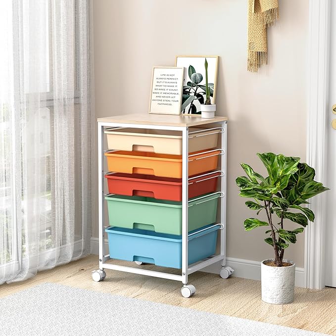 SYKIARIOL Utility Cart with 5 Drawers,Storage Cart with Wooden Tabletop and Lockable Wheels,Craft Storage Trolley Organizer,5-Tier Rolling Utility on Wheels,Macaron