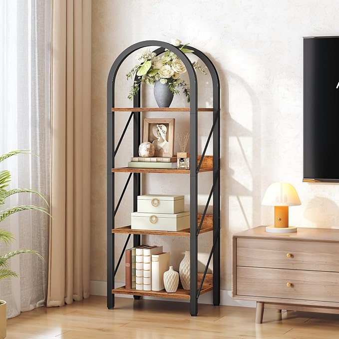 HOOBRO Bookshelf, 4-Tier Arched Bookshelf, Industrial Bookcase with Metal Frame, Small Book Shelf Storage Organizer for Living Room, Office, Bedroom, Rustic Brown and Black BF424SJ01