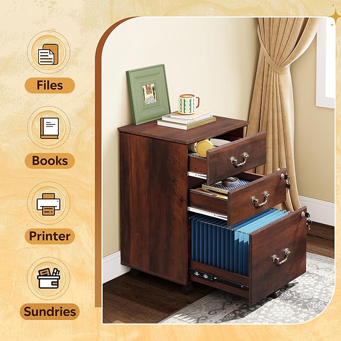 DEVAISE 3 Drawer File Cabinet with Lock, Mobile Wood Filing Cabinet for Under Desk Storage, Rolling Printer Stand for Office Storage, Brown Oak