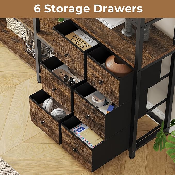 HAUOMS Corner Bookshelf, 6 Tier Industrial Convertible Bookshelf with 6 Fabric Drawers, Corner Bookcase Large L Shaped Storage Display Shelf for Home Office, Living Room, Kitchen, Rustic Brown
