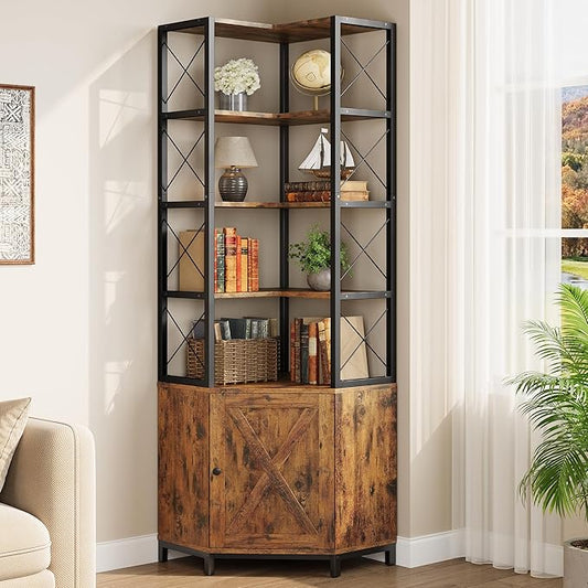 IRONCK Corner Bookshelf with 5-Tier Open Shelves, 77.9" Tall L-Shaped Bookcase with Enclosed Cabinet, Adjustable Feet, Anti-Tip Device, Walnut