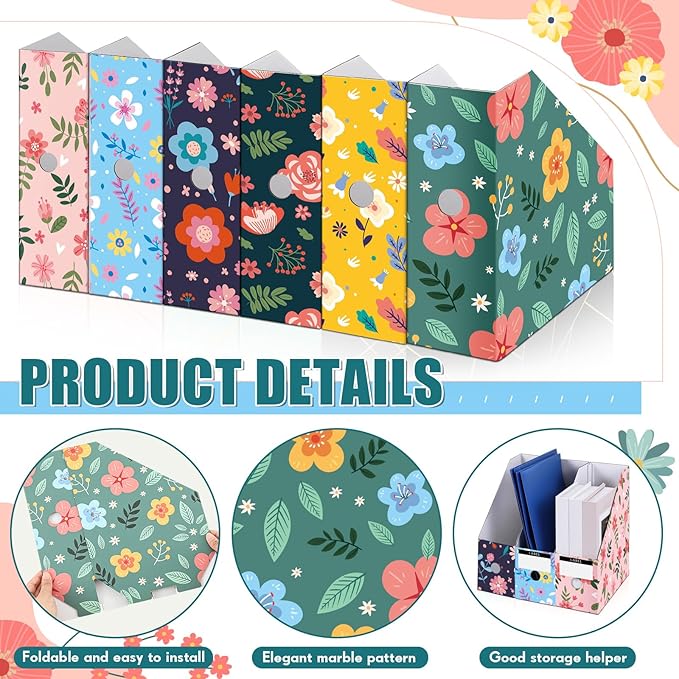PerKoop 6 Pcs Decorative Magazine File Holders Floral Foldable File Folders Magazine Storage Boxes Rack Desk Organizer Documents with Printable Labels for School Office Home (Floral Design)