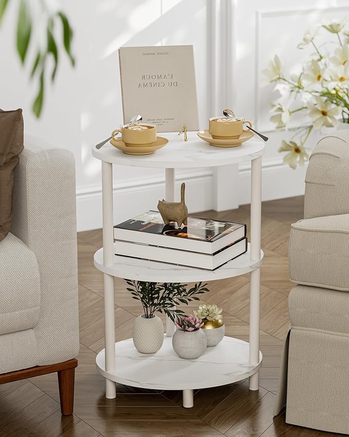 Round Pedestal End Table - 3-Tier Oval Accent Table for Small Spaces, Rustic Wood and Metal Couch Side Table, Nightstand for Bedroom or End Table Living Room, Easy to Assemble, Marble White