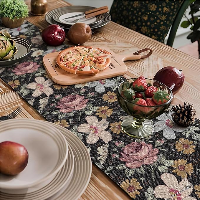 Black Retro Floral Shelf Drawer Liner for Kitchen Cabinets Non-Adhesive, Waterproof Strong Non-Slip Shelf Cabinet Drawer Liners for Dresser Table Cupboard Liners,Easy to Clean,12IN x 10FT