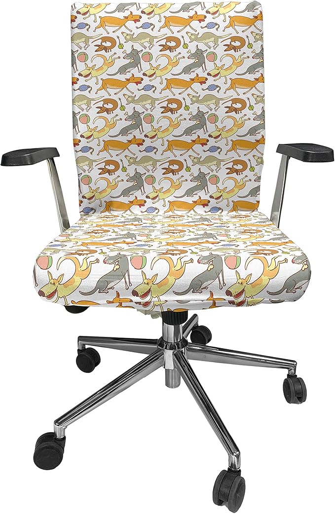 Ambesonne Dog Office Chair Cover, Repetitive Cartoon Style Interpretation of Doggies Playing and Messing Around Print, Stretchable Decorative Universal Size High Back Printed Slipcover, Coffee Brown