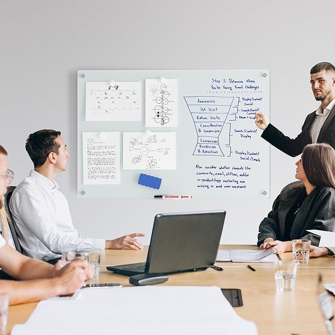 Magnetic Glass Whiteboard for Wall, 36" x 24" Large Dry Erase Board, Frameless Wall-Mounted White Board School, Classroom, Office & Home
