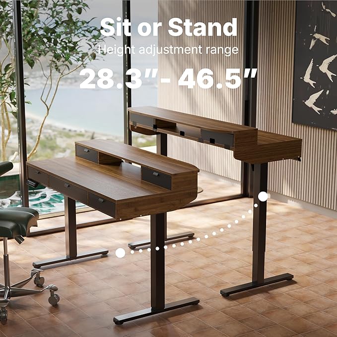 HUANUO 48 x 24 inch Electric Standing Desk with 4 Drawers, Adjustable Height Sit Stand Home Office Desk, C-Clamp Mount Compatible, Ergonomic Stand up Desk with 4 Preset Heights, Walnut