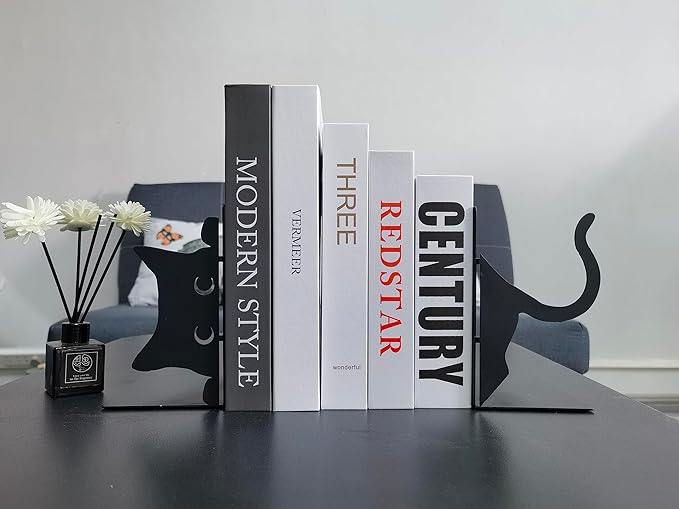 Book Ends Decorative,ENCIMART Book Ends,Metal Bookends,Book Holders for Shelves,Office Decorative Bookends,1.5mm Thickened Book Ends,Bedroom Library Office School Book Desktop Organizer Gift（Cat）