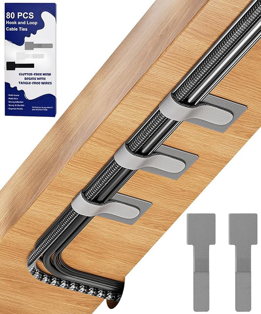 80PCS Hook and Loop Cable Ties, Under Desk Cable Management, Adhesive Cable Straps, Cord Management Hider Idea, Cord Organizer for Desk, Computer Accessories, Home Office Organization, Gray