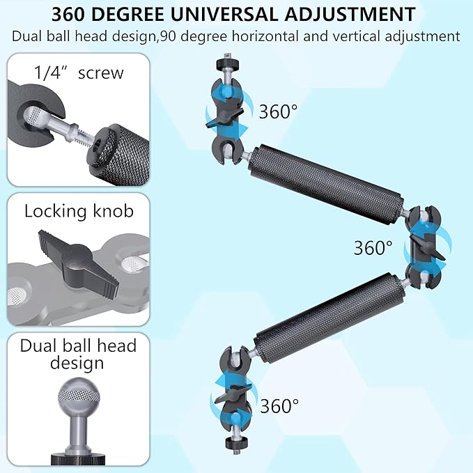 4.5" Suction Cup Magic Arm Mount Kit：Versatile Car Mount & Desktop Phone Holder Complete with 1/4" Thread Phone Holder & Camera Adapter | Perfect for Phone、Webcam、Action Camera、Video Light