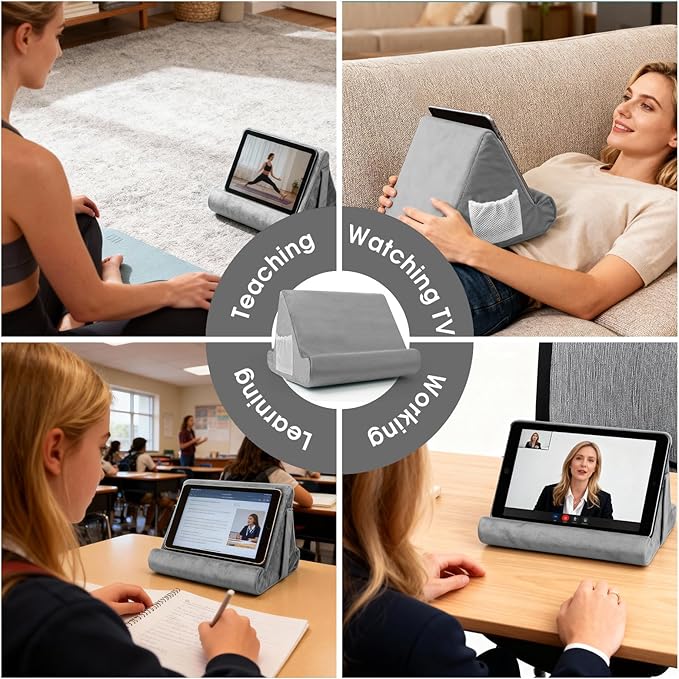 Multi-Angle Tablet Stand with Soft Pad and Net Pocket - Universal Lazy Holder for Lap, Knee, Sofa and Bed(Grey)