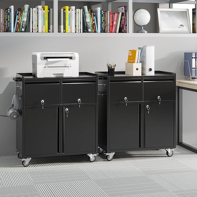 Aobabo Rolling Metal Storage Cabinet with Wheels, Heavy Duty Steel Garage Tool Cabinet with 2 Drawers, Pegboard & 4 Hooks, Lockable Mobile Organizer with Adjustable Shelves, Black, Assembly Required