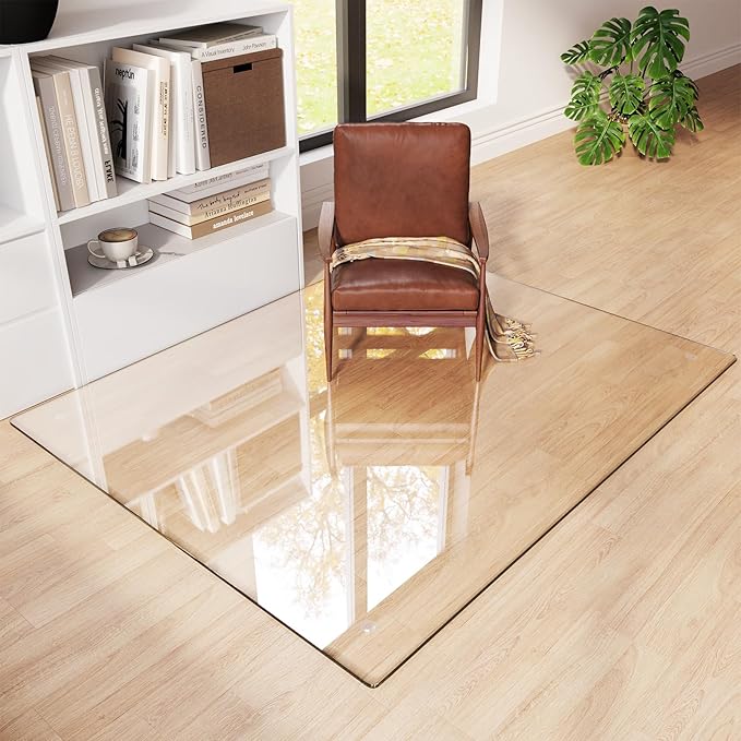 Tempered Glass Chair Mat 60"x48" – Ultra-Clear Office Chair Mat for Hardwood Floors & Low-Pile Carpets – Heavy-Duty 0.2" Scratch-Resistant Surface with Non-Slip Pads – Supports 1,000 lbs
