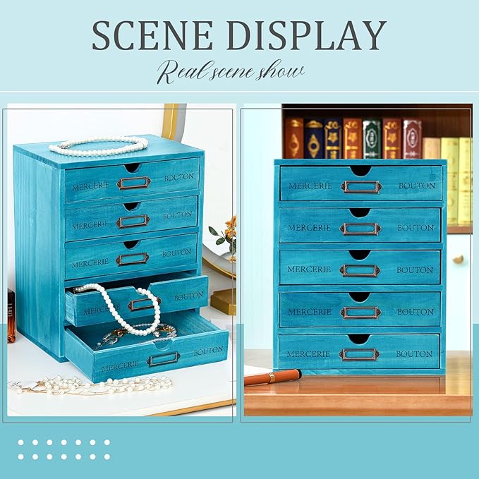 Wesiti 5 Drawer Vintage Wooden Desk Organizer, Apothecary Cabinet Storage Drawers, Rustic Shelf Drawer, Home Office Organizers and Accessories, Embroidery Floss, Craft, Art, Jewelry Storage, Stackable