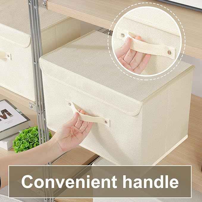 Fabric Storage Bins Cube Organizers with Flip-Top Lid and Handles,Storage Boxes for Organizing Home,Office,and Closet,Beige,5 Pack 15 x 9.8 x 9.8 in