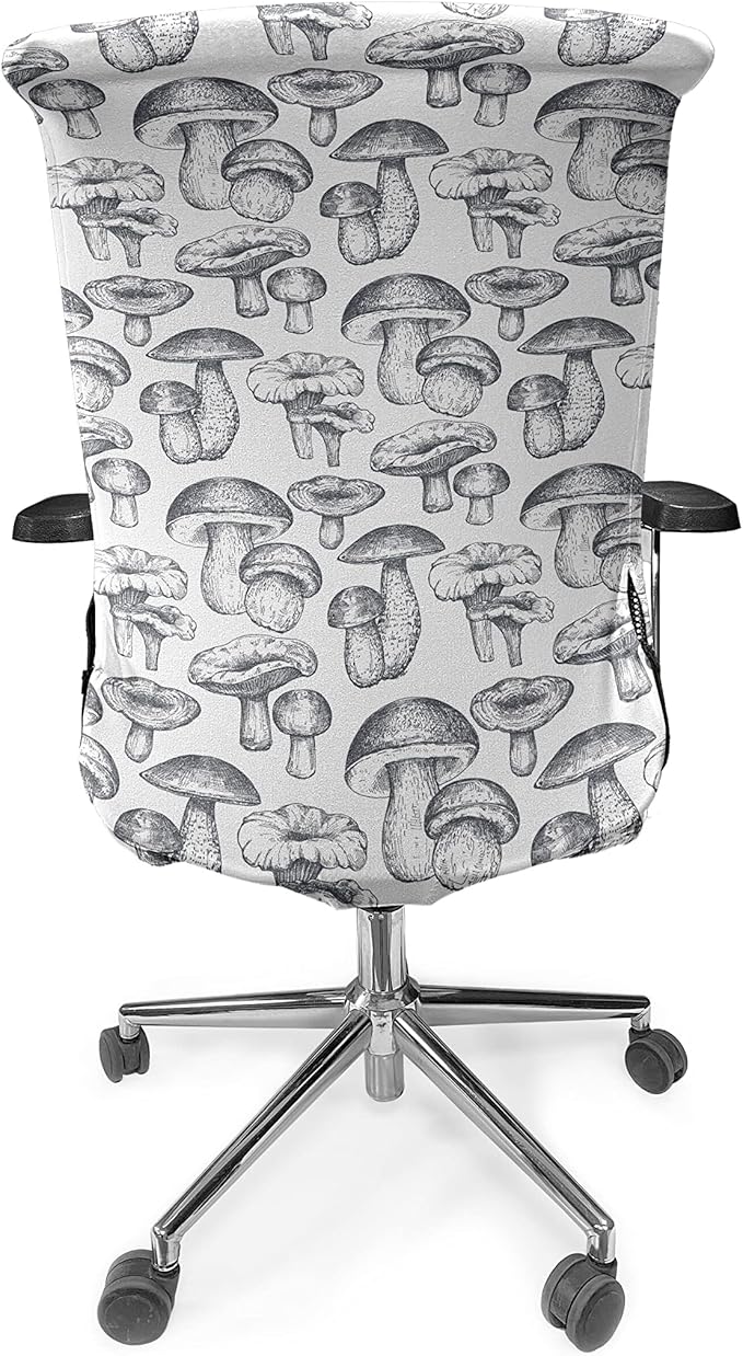 Ambesonne Mushroom Office Chair Cover, Hand Drawn Vintage Forest Botany Vegetables Wild Sketch Drawing Art, Stretchable Decorative Universal Size High Back Printed Slipcover, Purpleblue White