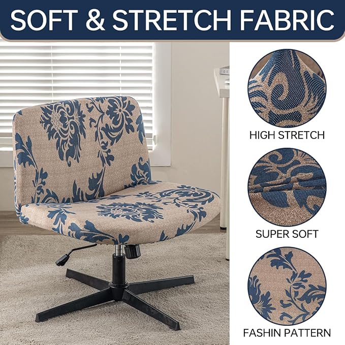 Armless Chair Slipcover Stretch Criss Cross Chair Cover, Mid Back Wide Seat Accent Chair Covers,Modern Vanity Chair Cover for Office Desk (Blue Flower)