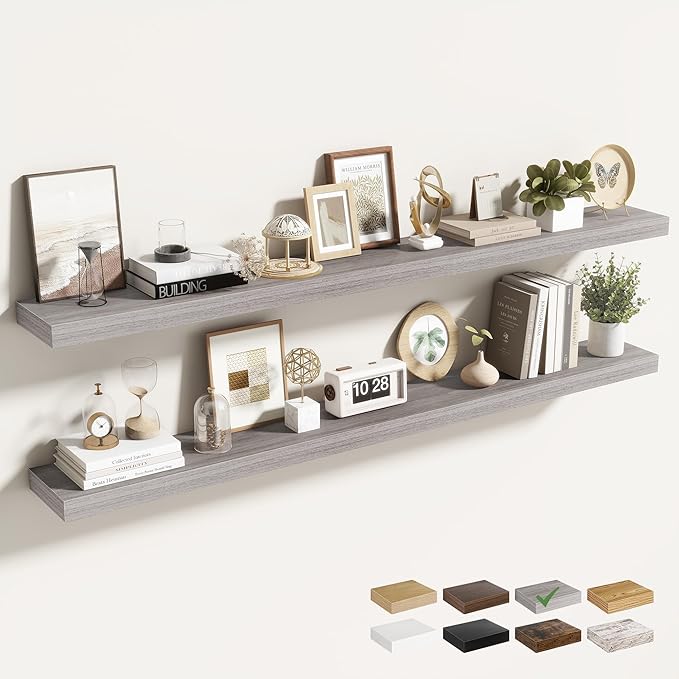 Acovy 55 Inch Floating Shelves for Wall 2 Pack, 55" Wall Shelves for Books, Storage, Decor, Wall Mounted Floating Shelf with Invisible Brackets for Kitchen, Living Room, Gray