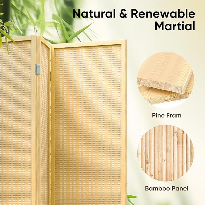 JOSTYLE Room Divider Folding Privacy Screen, 6 Panel Room Divider Screen - 6 ft. Tall Bamboo Divider Panel for Room Separation Freestanding Partition Wall, Beige, 70.9" H x 119" W