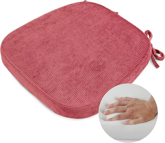 2.5" Thick Chair Cushions for Dining Chair, Corduroy High Density Foam Kitchen Chair Pads, U Shaped Indoor Seat Cushions with Ties & Non-Slip Backing, Washable Cover, 17''x16.5'', Pink