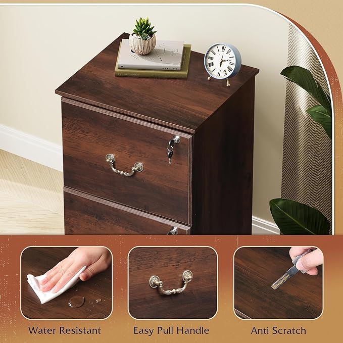 DEVAISE File Cabinet 2-Drawer, Small Office Furniture with Lock, Rolling Under Desk Filing Cabinet for Home Office, Brown Oak