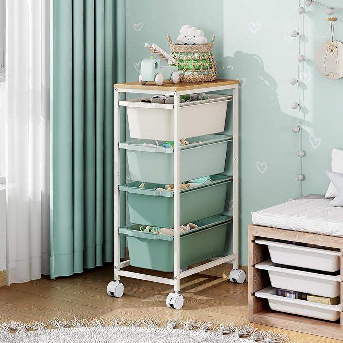 Rolling Storage Cart with 4 Drawers, Craft Organizer, Wooden Tabletop Utility Cart for Bedroom, Children's Room and Office Organization, Table Side Trolley with Lockable Wheels, Green