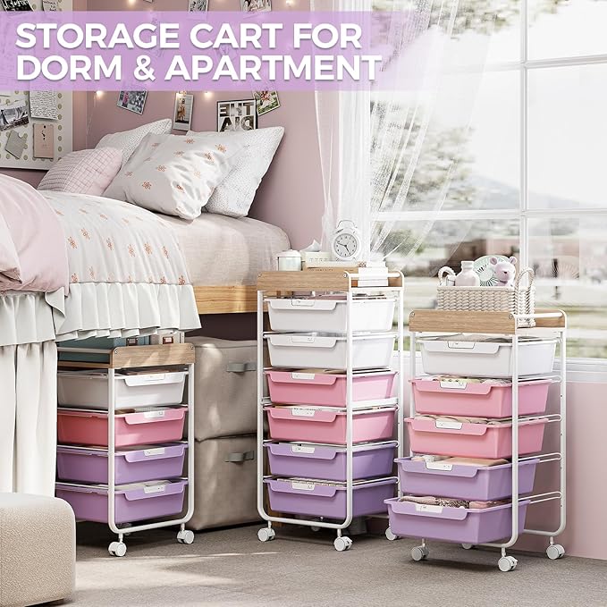 SYKIARIOL Rolling Storage Utility Cart With 4 Drawers,Kids Craft Art Cart,Makeup Organizer And Storage with Wooden Tabletop,Purple