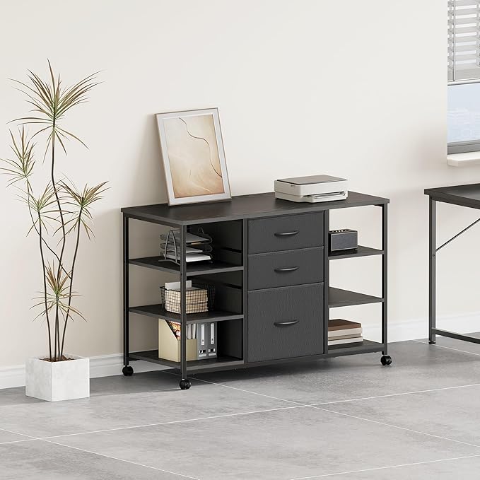 YeTom Mobile File Cabinet,Lateral Filing Cabinet with 3 Fabric Drawers,Rolling Printer Stand with 4 Open Storage Shelf for Home Office,Black