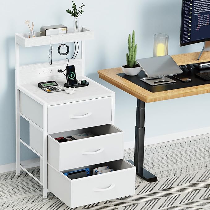 Night Stand with Charging Station Set of 2, LED Nightstand Bedside Table with USB Ports and Outlets, 3 Fabric Drawer End Side Table Night Stand Set 2 for Bedroom with Storage Shelf and 2 Hooks, White