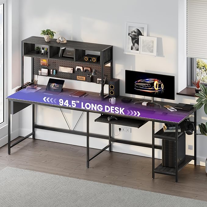 DUMOS L Shaped Gaming Desk 67", Reversible Computer Desk with LED Lights, Corner Desk for Small Spaces with Keyboard Tray & Storage Shelf, Metal Frame PC Gaming Table for Home Office Bedroom, Gray