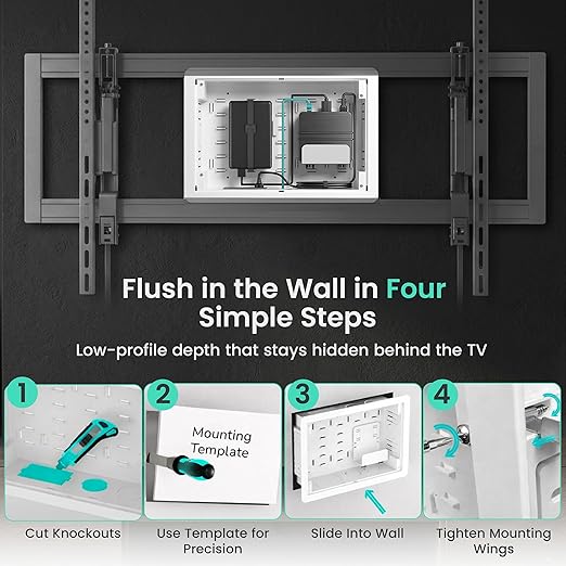 ynVISION.DESIGN 17" Recessed in-Wall Media Box - Flush Mount AV Cable Management Box & Cord Hider with Adjustable Shelf, Cable Straps & Vented Cover - Compatible with Apple, Roku TV, Fire TV & More