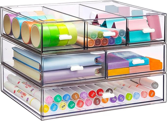 3 Tier Stackable Desk Organizer with 6 Drawers, YOCOMEY Plastic Desktop Storage Box Drawers, Detachable Makeup Storage Office Stationery Supplies Organizer for Office School (All Clear)