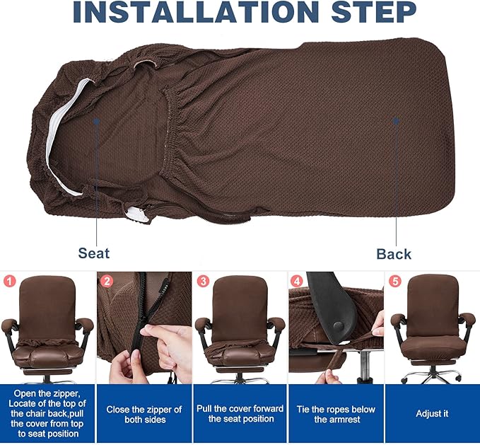 NeColorLife Stretchable Office Chair Cover with Armrest Covers – High-Back Desk Chair Slipcover, Checked Jacquard Fabric, Washable (Large Size, Coffee)