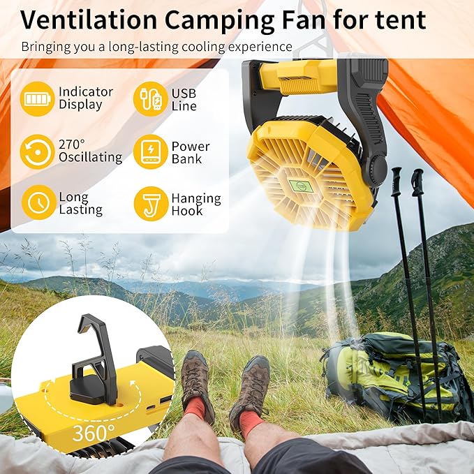 TDLOL Portable Camping Fan Cordless Battery Powered，270° Rotating Portable Battery Operated Rechargeable Fans, 360° Hanging Hook, USB Personal Outdoor Camping Fans for Tents,Travel X23 Yellow