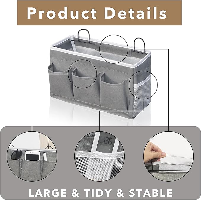 Kanrichu Wall Hanging Organizer Bag, 2-Pack Linen Storage Baskets with Pockets, WallHanging Storage Basket for Bedroom, Kitchen, Office, RV Camper (Gray)