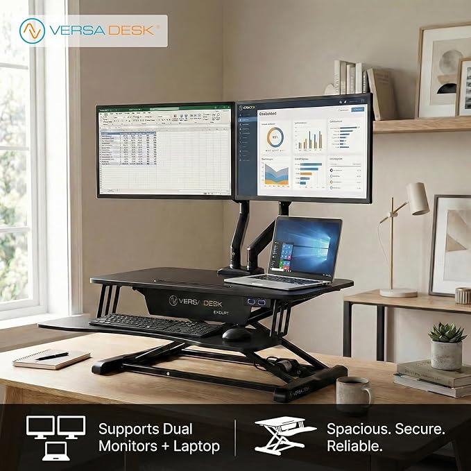 VERSADESK EvoLift 32" Electric Standing Desk Converter, Sit to Stand Riser, 1-Button Easy Lift, Dual Monitor Workstation, Wide Keyboard Tray, Built-in Device Stand, Black