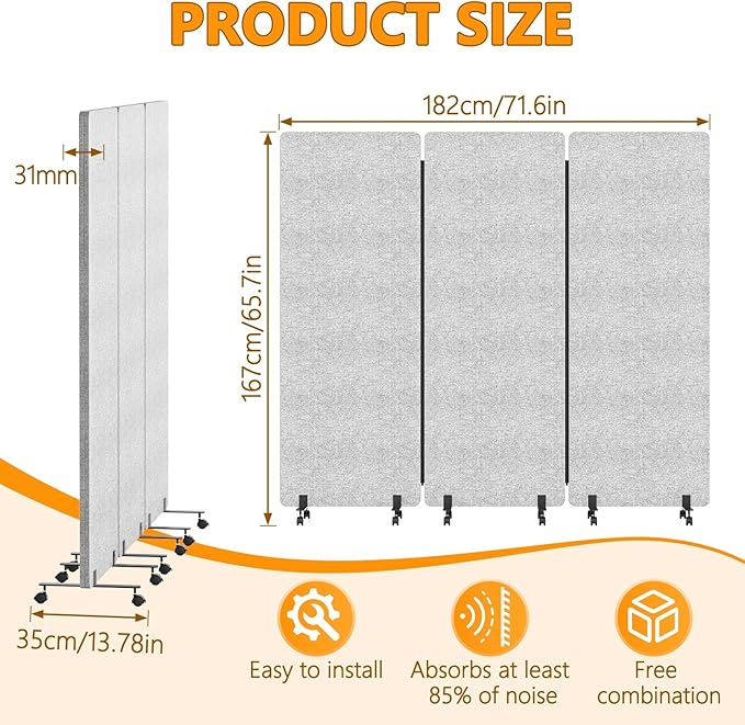 72"x66" Soundproof Room Divider Panel with Wheels, Office Partition Wall 3 Panel Portable Room Temporary Wall Privacy Screen for Office Home Classroom Divider Freestanding Light Grey