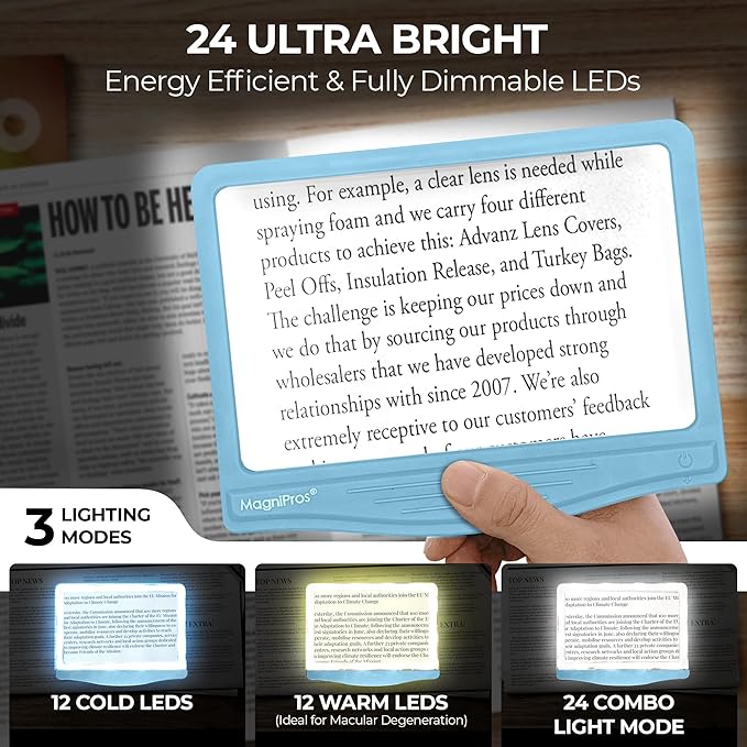 MagniPros 5X Large LED Hands-Free Full Page Magnifying Glass with Detachable Stand & 3 Color Light Modes to Reduce Eye Strain, Ideal for Reading Small Prints, Crafting, Low Vision & Seniors