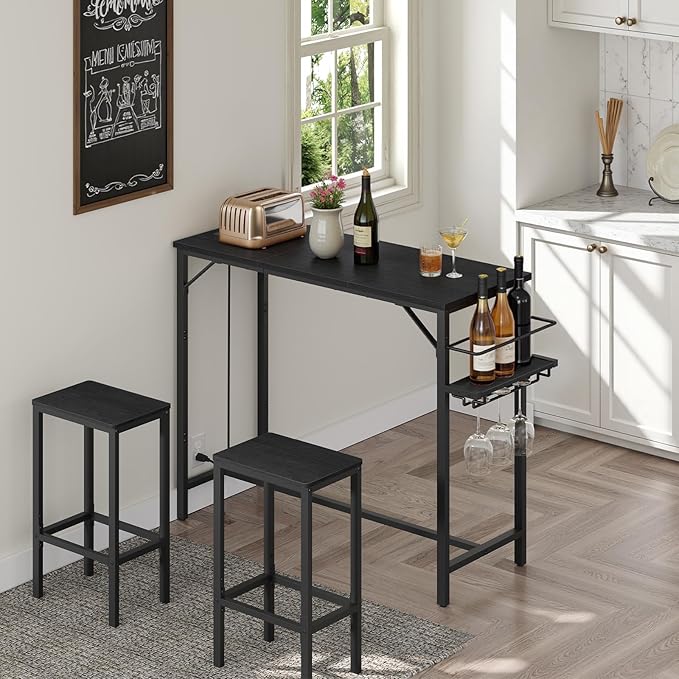 MAHANCRIS Bar Table, 35.4-Inch Counter Height Pub Table with Charging Station, Rectangular Dining Table with Wine Rack and Glass Holder, High Top Cocktail Tables, for Kitchen, Black（Only Table）