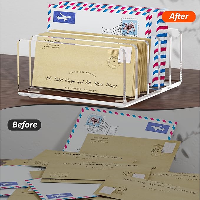 FUCDTEFC Desk Mail Organizer, 5 Section Clear Acrylic File Holder Letter Organizer, Vertical Lightweight Modern Envelope Holder Desk Accessories & Workspace Organizers for Office, Home, School