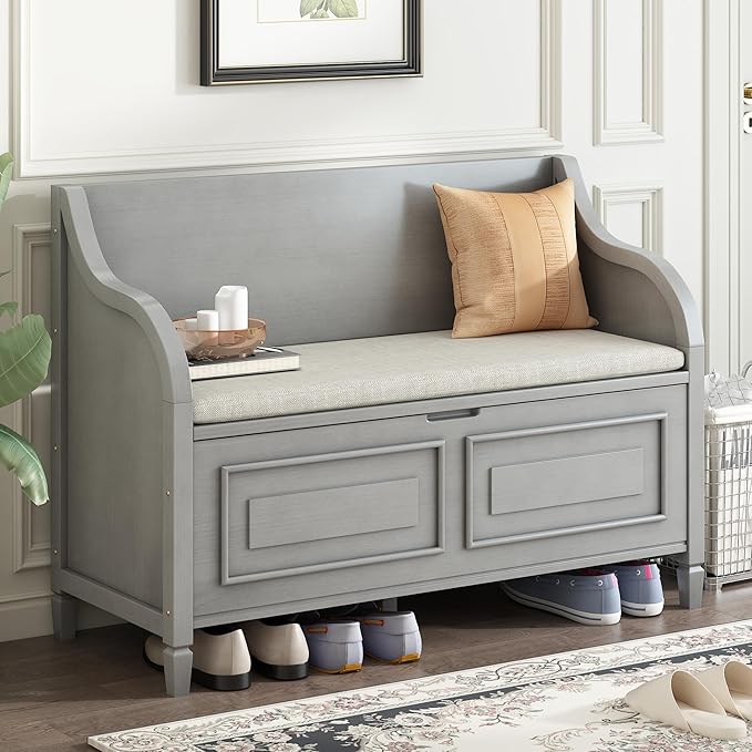 SOFTSEA 41.9" Storage Bench with Back, Entryway Shoe Bench with Cushion & Lift Top Storage, Rustic Shoe Storage Cabinet with Cushioned Seat for Entryway, Bedroom, Living Room (Grey Wash)