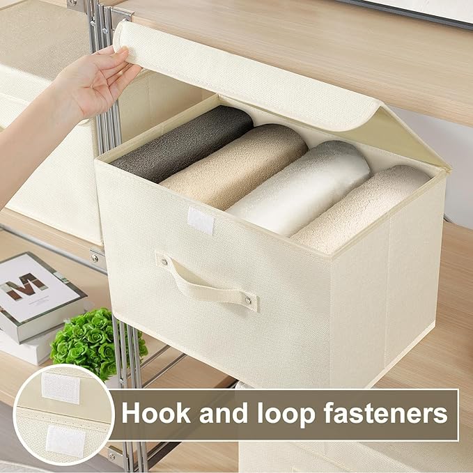 Storage Boxes, Collapsible Storage Bins with Lids, Cotton and linen cloth Storage Baskets with Handle, for Books, Closet, Bedroom, Home, 10.2x7.9x6.7 in, Beige