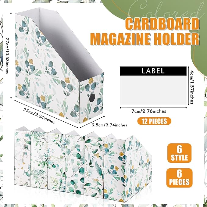 PerKoop 6 Pcs Decorative Magazine File Holders Floral Foldable File Folders Magazine Storage Boxes Rack Desk Organizer Documents with Printable Labels for School Office Home (Eucalyptus Leaves)