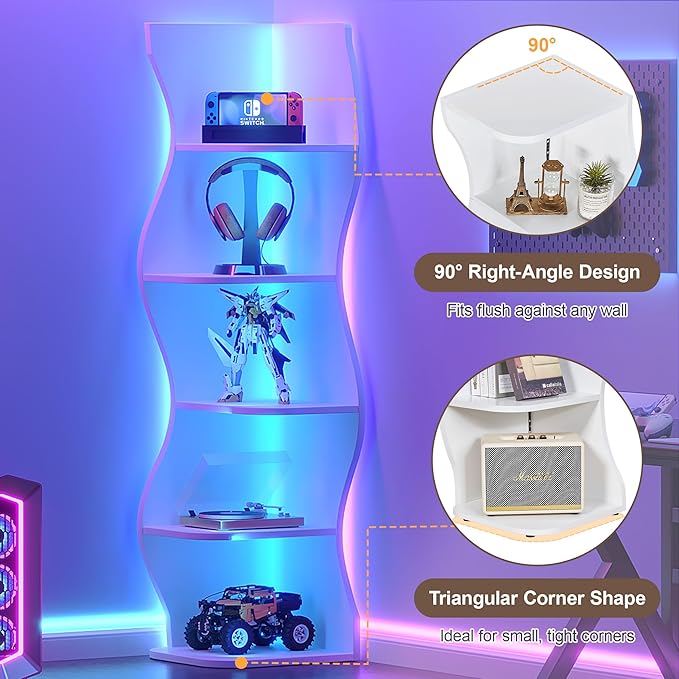 VECELO 6-Tier Wave Corner Bookcase with LED Lights, 90° Right-Angle Tall Narrow Bookshelf, Wooden Corner Display Stand Storage Shelf for Small Spaces, Living Room, Bedroom, Home Office (White)