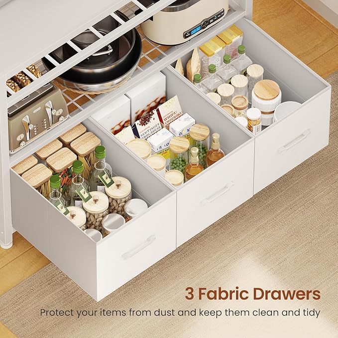 Itaar Bakers Rack with Storage and Power Outlet, 35.4 inch Coffee Bar Cabinet, Microwave Stand Kitchen Cabinet with Hutch, LED Lights, Wine Rack and Hooks (White)