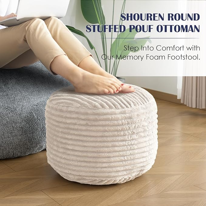SHOUREN Stuffed Round Pouf Ottoman,Corduroy Foot Rest with Shredded Foam Filling, Lightweight and Fluffy Pouf Storage Ottoman for Living Room,Floor Poufs for Couch,18"x 14", Beige