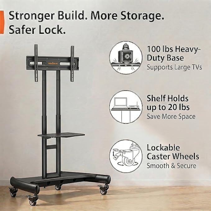 Perlegear Mobile TV Cart for 32-82 Inch Flat/Curved LED/LCD/OLED TVs Rolling TV Stand with Height Adjustable Shelf Max VESA 600x400mm up to 100lbs- Outdoor TV Stand Trolley with Wheels PGTVMC05-1