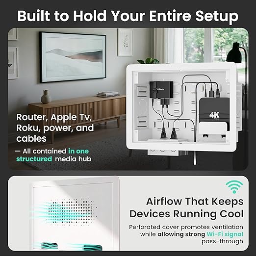 ynVISION.DESIGN 17" Recessed in-Wall Media Box for TV – Flush Wall AV Enclosure with Adjustable Shelf, Cable Straps & Vented Cover – Compatible with Apple TV, Roku & More - Pack of 2