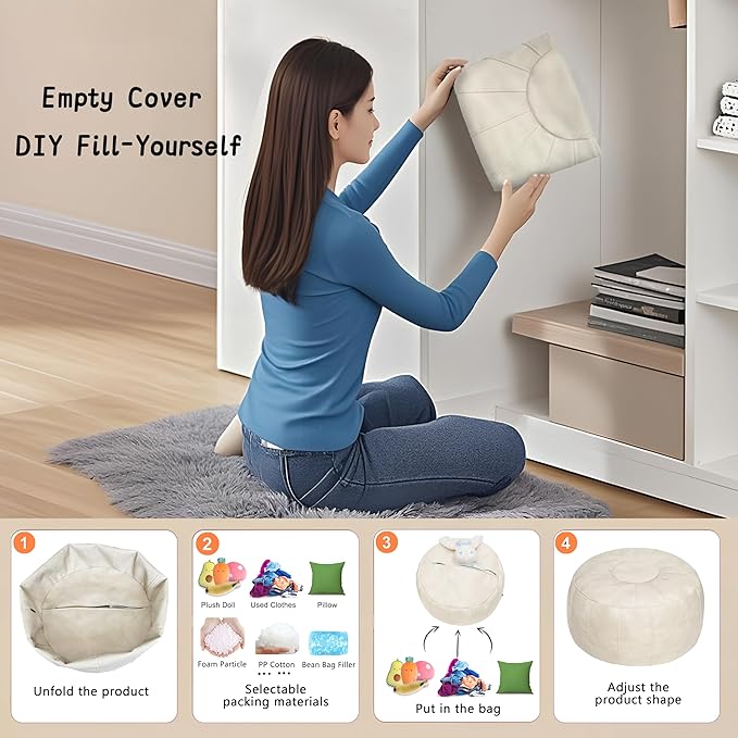 Thgonwid Unstuffed Moroccan Storage Pouf Foot Stool Ottoman Seat, No Filler Included, Handmade Faux Leather Bean Bag Floor Chair Foot Rest for Living Room, Bedroom or Balcony, Ivory White
