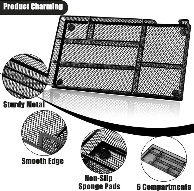 Ysglory 2Pcs Desk Drawer Organizer Tray Office Metal Mesh Drawer Divider Organizer With 6 Compartments Black Mesh Pencil Organization and Accessories for Stationery Makeup Kitchen